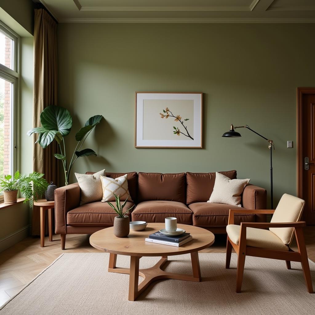 Interior design with a green and brown color palette