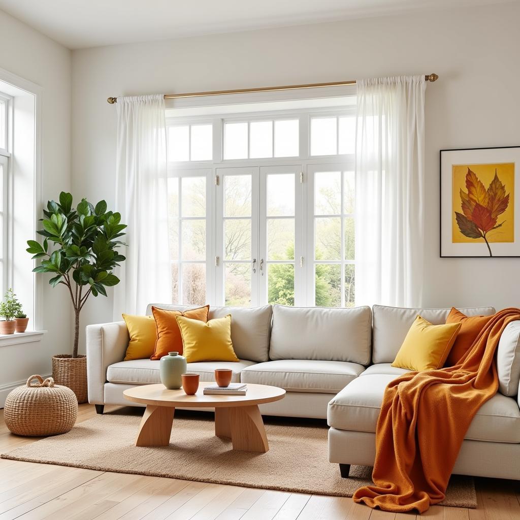 A living room with yellow-orange accents in pillows and artwork