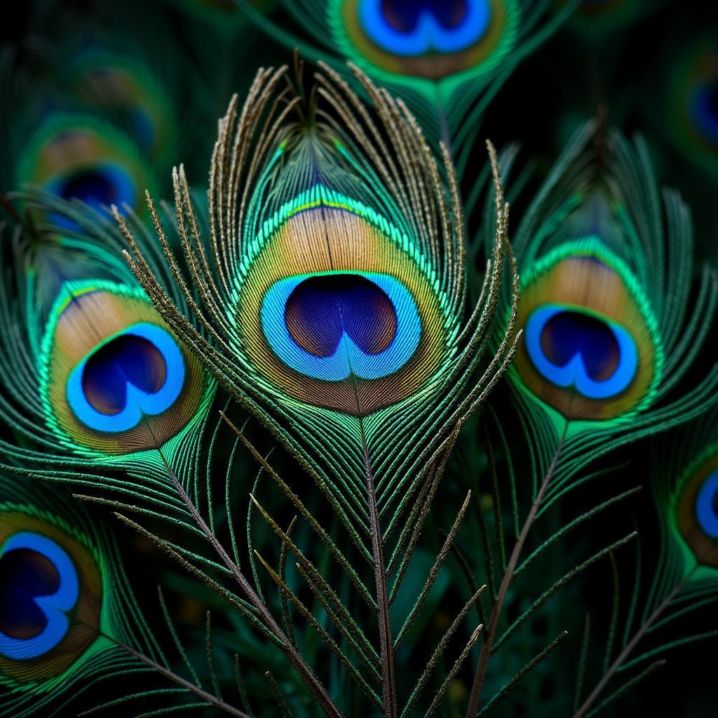 Peacock feathers showing iridescent colors