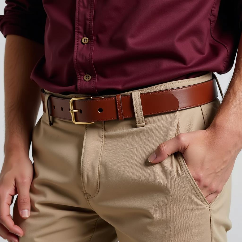 Khaki pants and burgundy shirt outfit