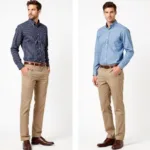 Khaki pants with patterned shirts: stripes and chambray