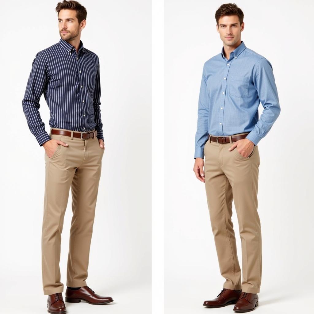 Khaki pants with patterned shirts: stripes and chambray