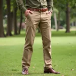 Khaki pants paired with earthy tones like brown and olive green