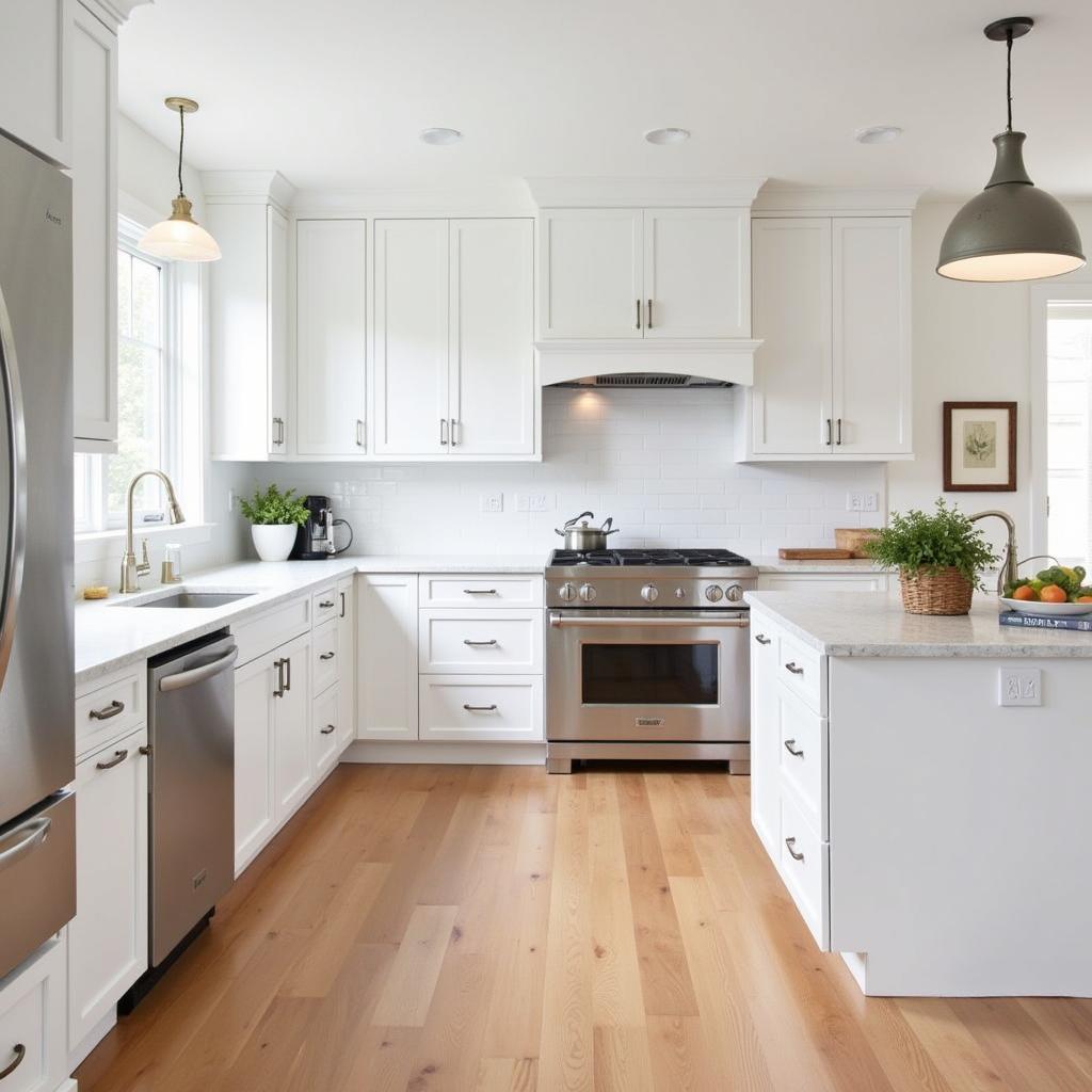 A bright kitchen features white cabinets and light wood floors, creating a spacious feel