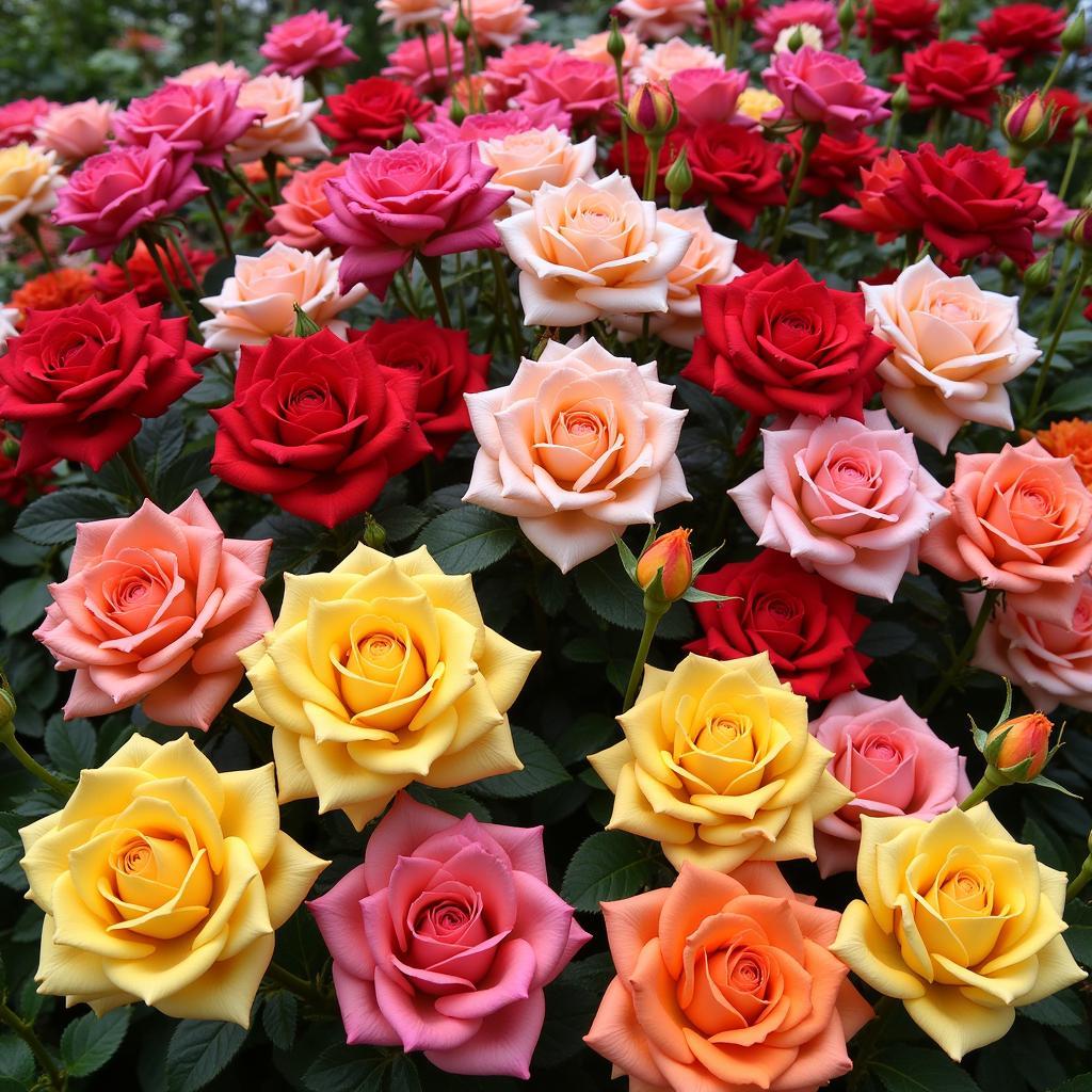 Knockout roses in various colors, including red, pink, yellow, and coral, blooming in a garden.