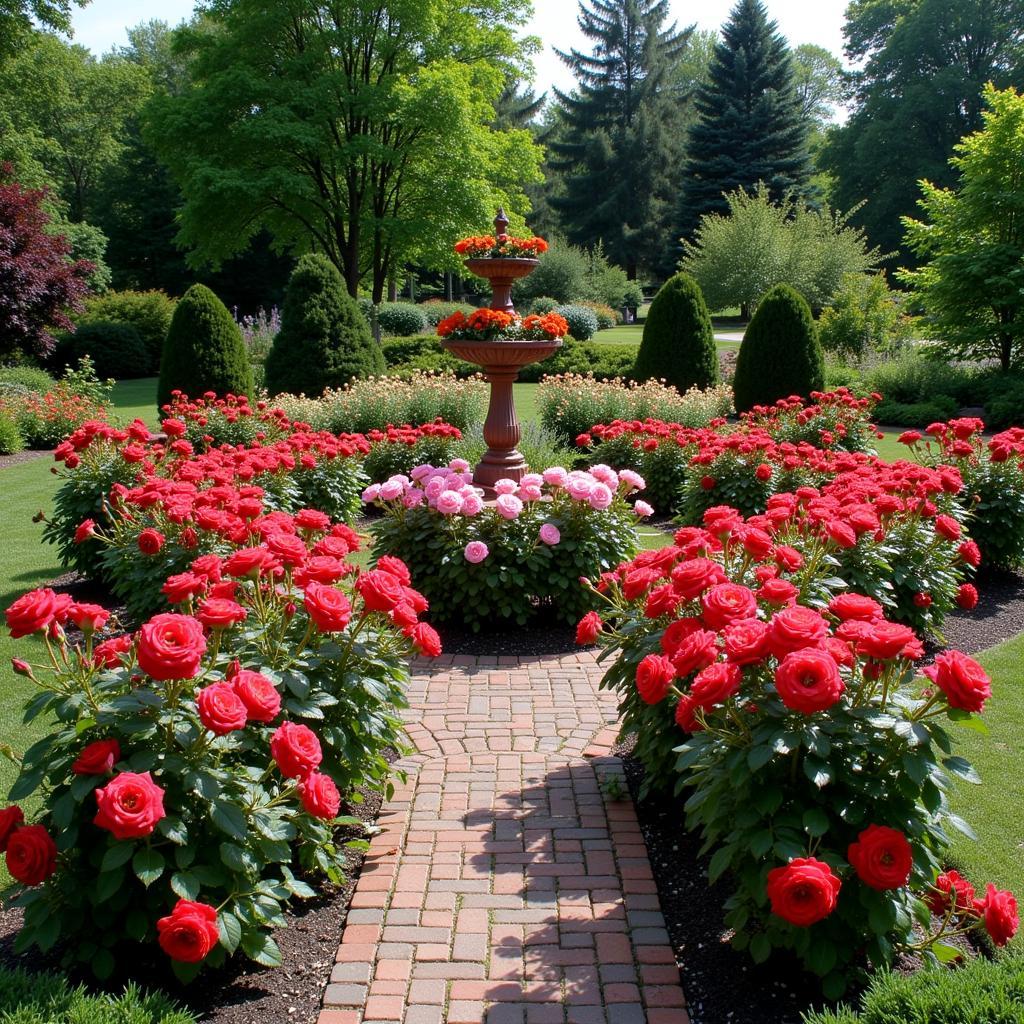 A beautifully landscaped garden featuring a variety of Knockout roses in different colors.