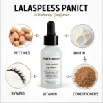 Close-up view of lash serum ingredients with labels