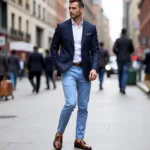 Man wearing light blue pants and a navy blazer