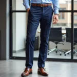 Man in a light blue shirt and navy blue pants in a professional setting