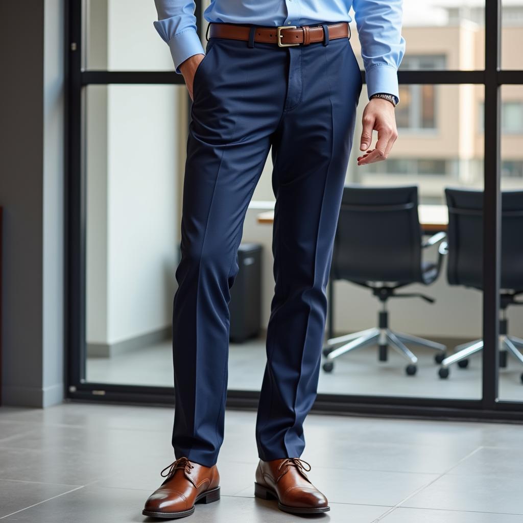 Man in a light blue shirt and navy blue pants in a professional setting