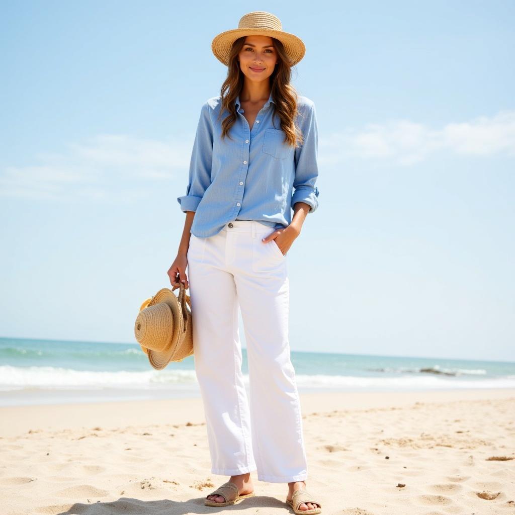 Light Blue Shirt with White Pants Summer Outfit