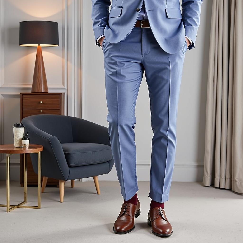 Colored socks with a light blue suit