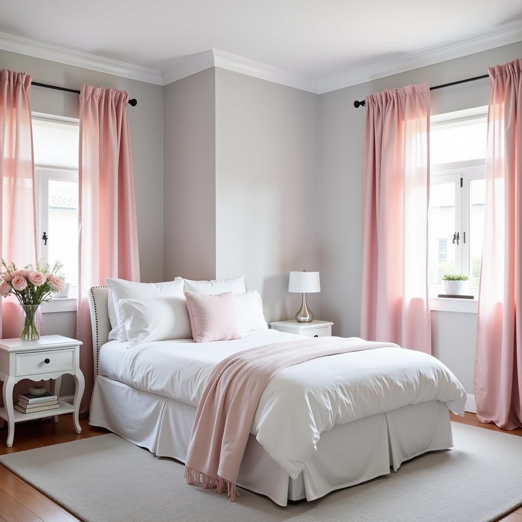 Light Curtains with Light Gray Walls: Blush Pink, Light Blue, Creamy White