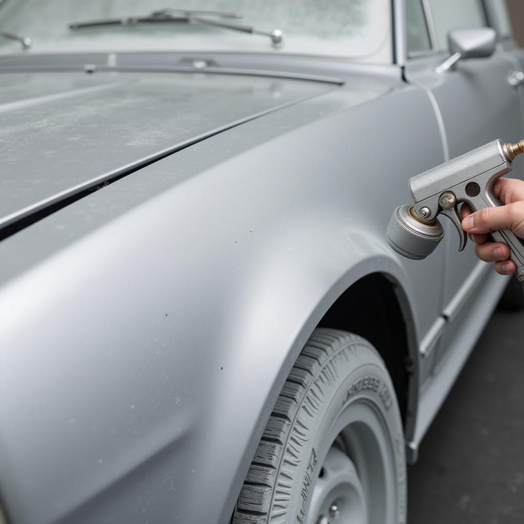 Applying Light Gray Primer to Car Body Panel for Silver Paint