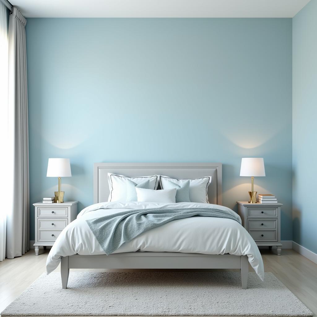 Bedroom with light grey furniture and blue walls