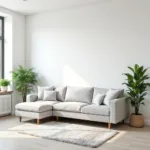 Living room with light grey sofa and white walls