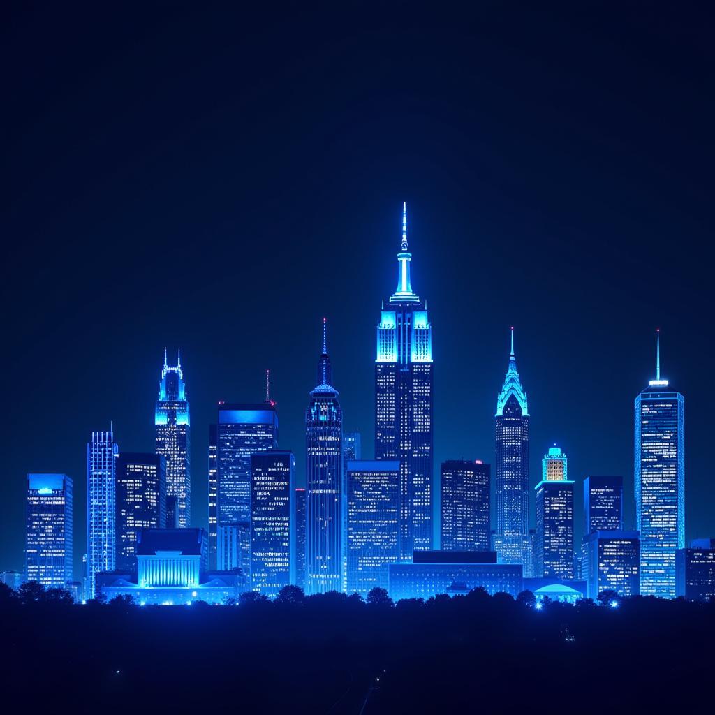 Buildings illuminated in blue for the Light It Up Blue autism awareness campaign