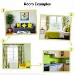 Lime Green Accents in Living Room, Bedroom, and Kitchen