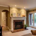 Living Room with brown granite fireplace and beige walls