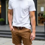 Man wearing brown shorts and a white t-shirt