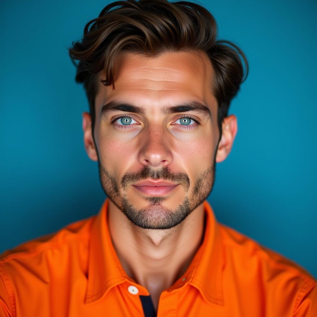 Man Wearing Orange Shirt with Blue Eyes