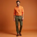 Man wearing an orange shirt with green pants