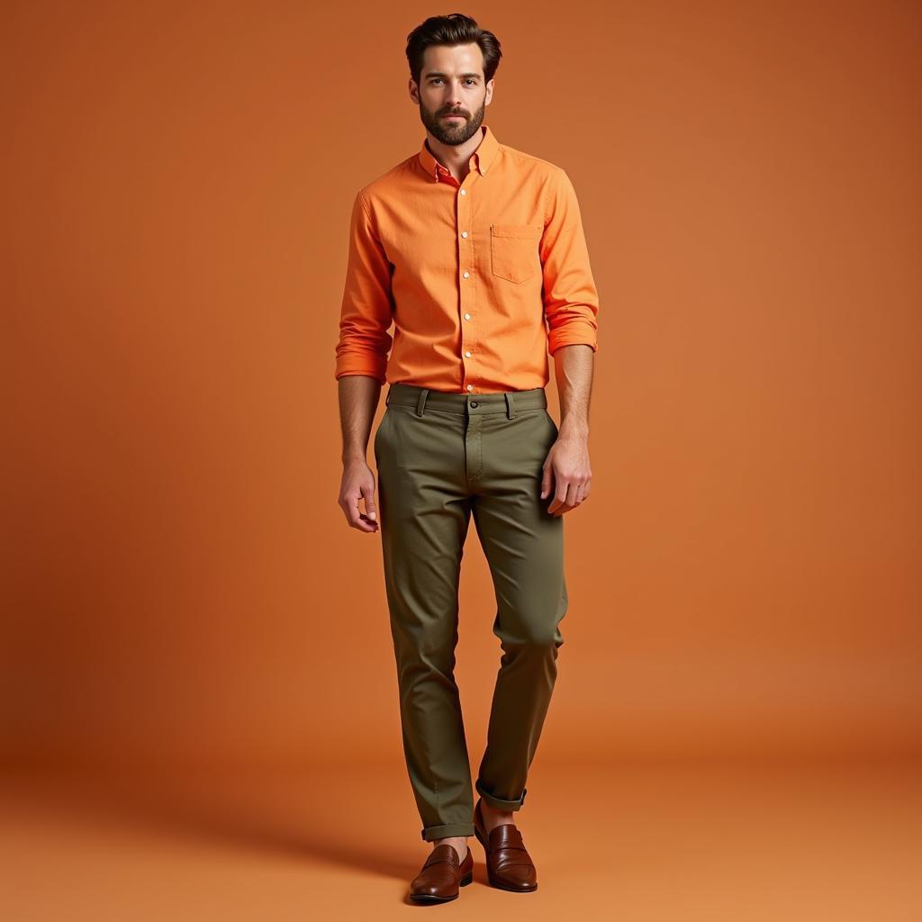 Man wearing an orange shirt with green pants