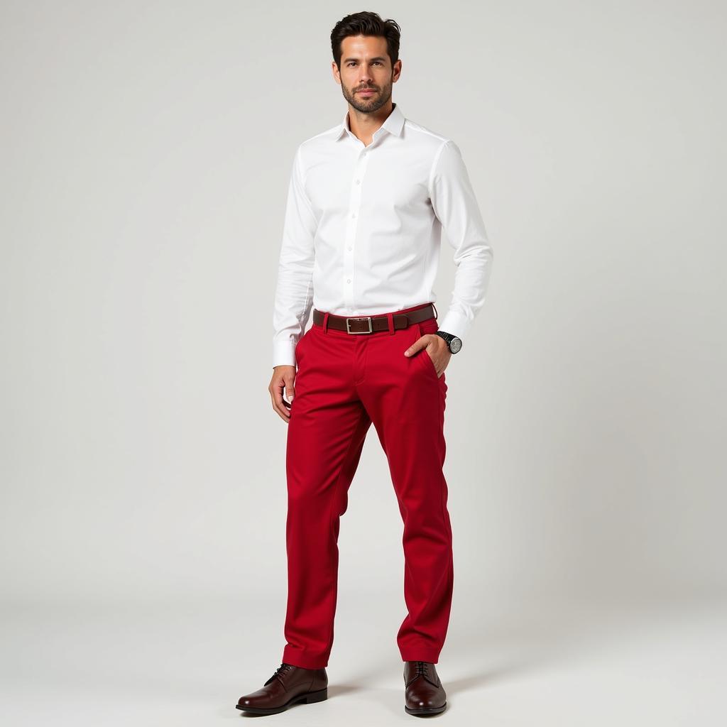 Man wearing red pants and a white shirt