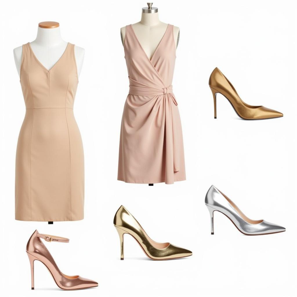 Gold, rose gold, and silver shoes paired with a champagne dress