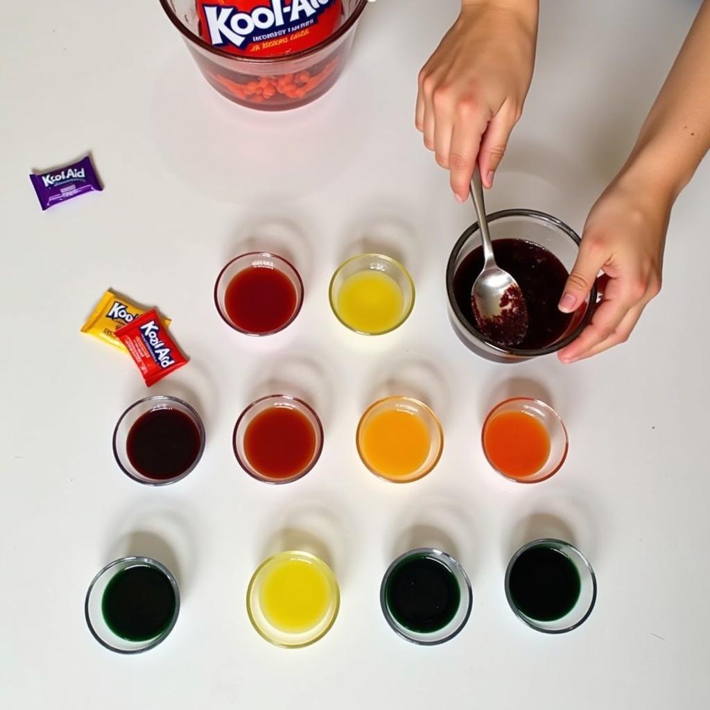 Dissolving different Kool-Aid flavors in hot water to create vibrant dyes for Easter eggs.