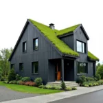 Modern House with Green Roof and Dark Gray Walls