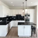 Modern Kitchen with Black Countertops and White Cabinets