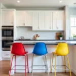 Modern kitchen featuring vibrant, colorful bar stools that complement the overall design.