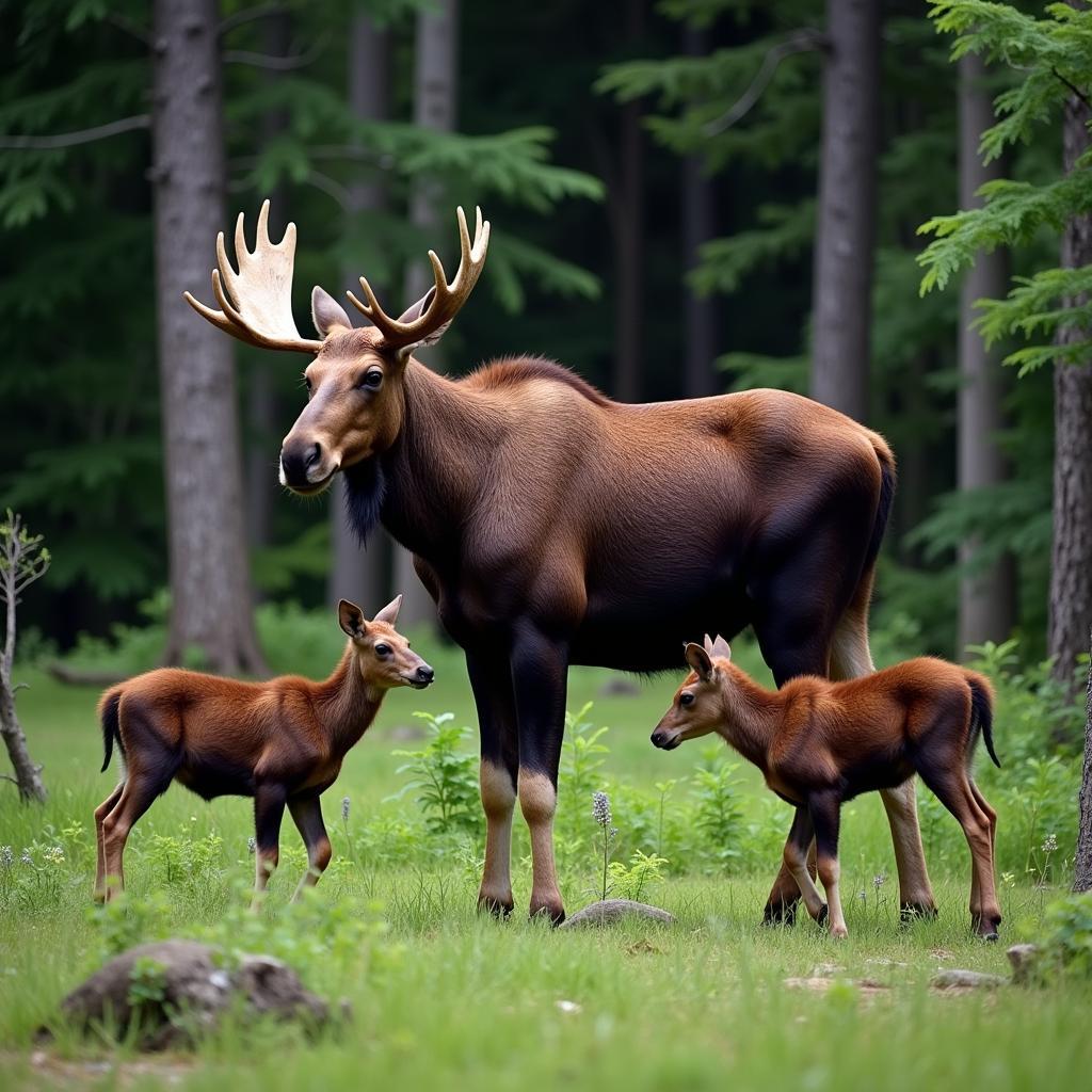 Mother Moose with Calves in a Colorado Forest