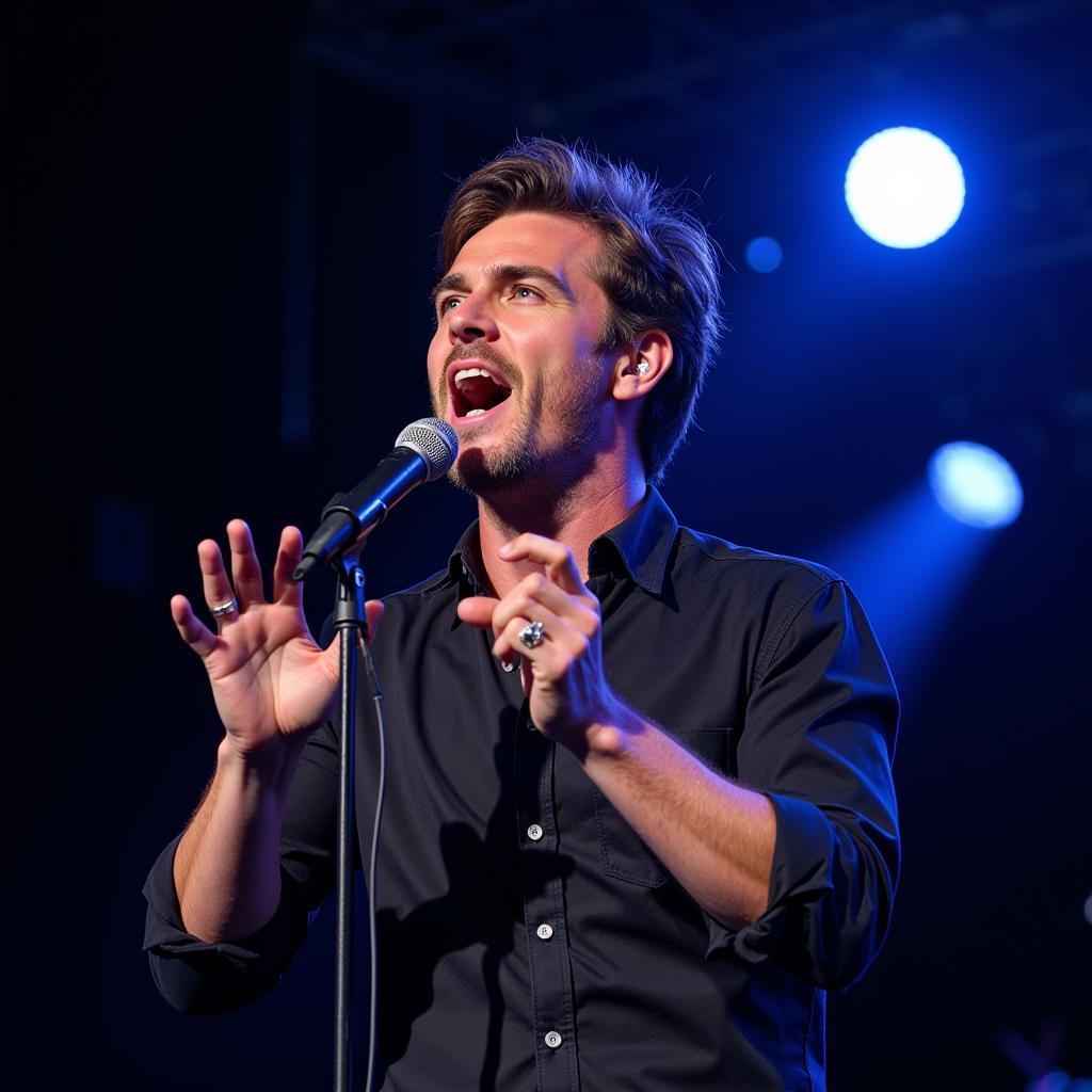 Morgan Wallen performing on stage with his blue eyes visible