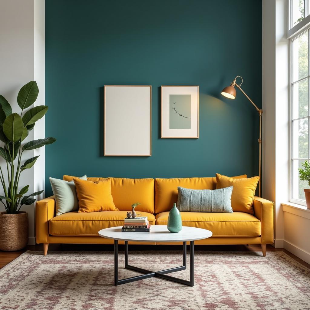 Mustard with Cool Tones in Living Room