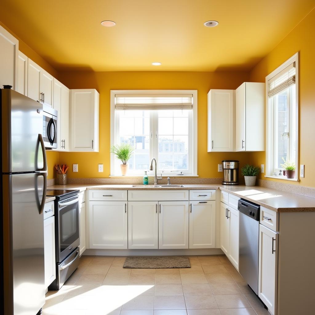 Mustard Yellow Kitchen with White Cabinets