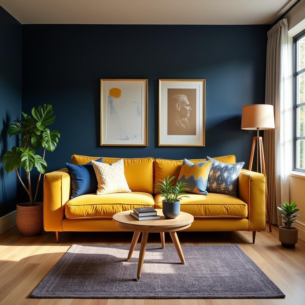 Mustard Yellow Living Room with Navy Accent Wall