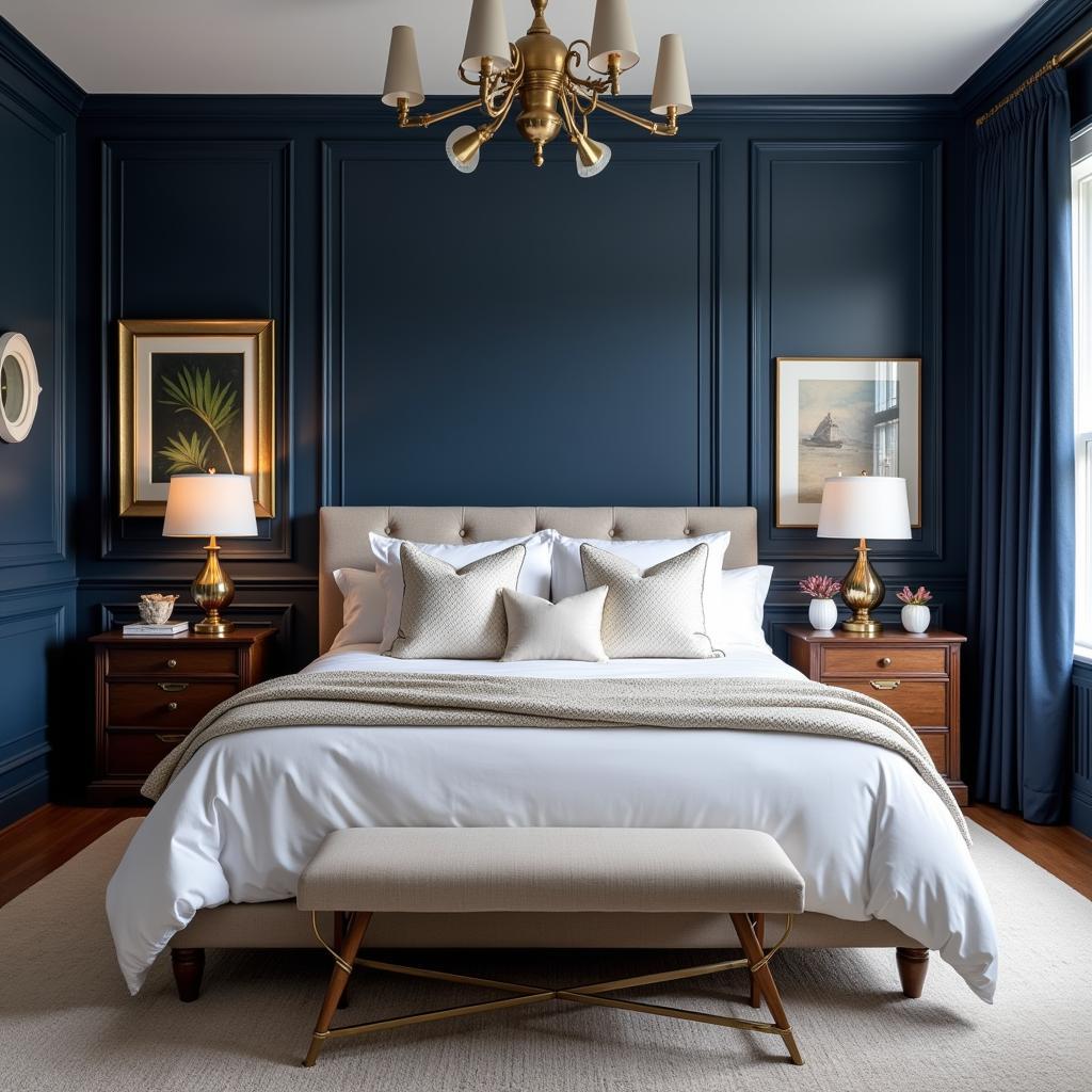 Navy Blue Bedroom with Gold Accents