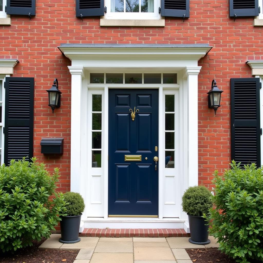 Navy Blue Door Red Brick Black Shutters