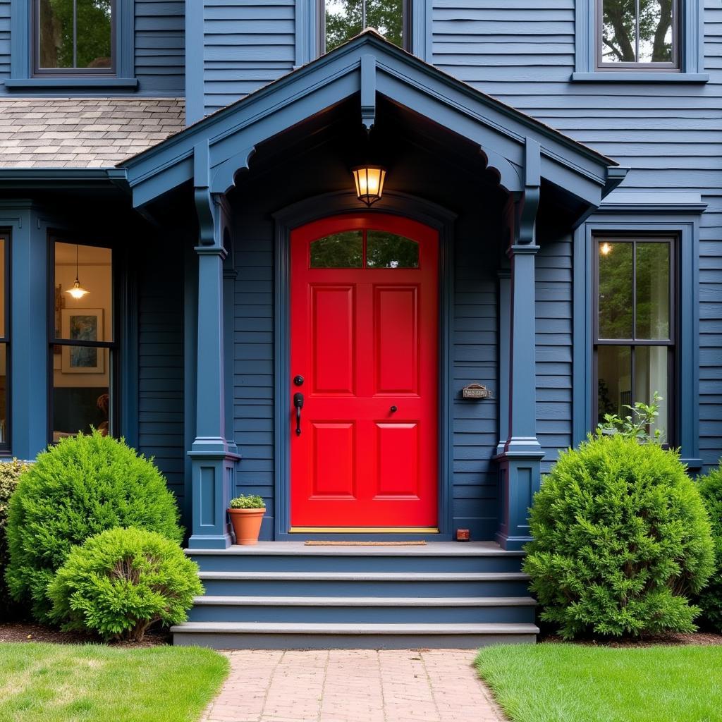 Navy Blue House with Red Door