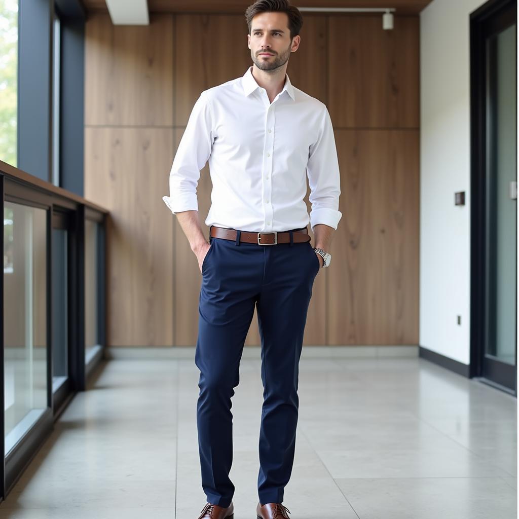 Navy Blue Pants and White Shirt Office Look