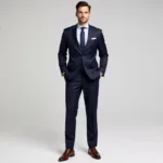 Man in navy blue suit with brown shoes