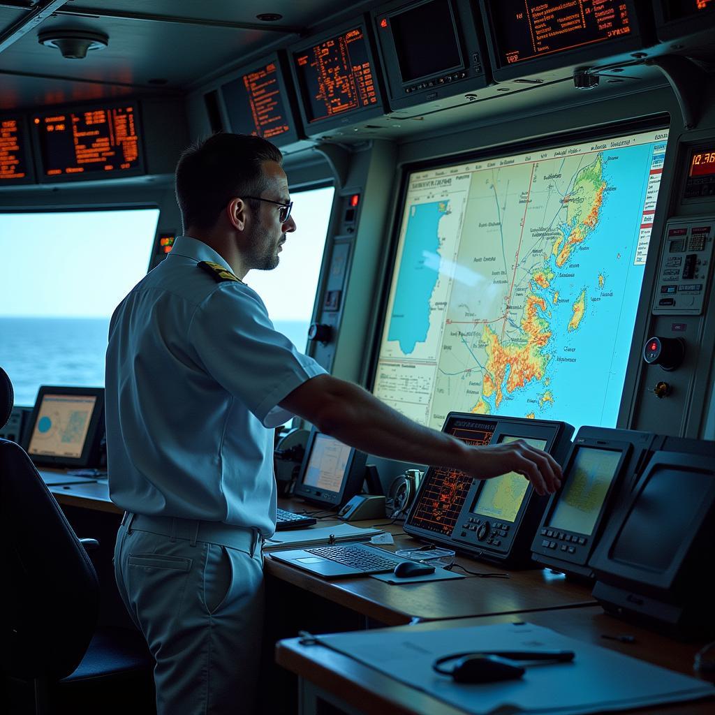 Navy Officer Navigating a Ship Using Charts and Instruments