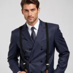 Man in Navy Suit with Black Suspenders