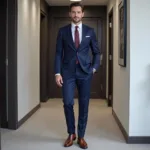 Man in navy suit with brown shoes