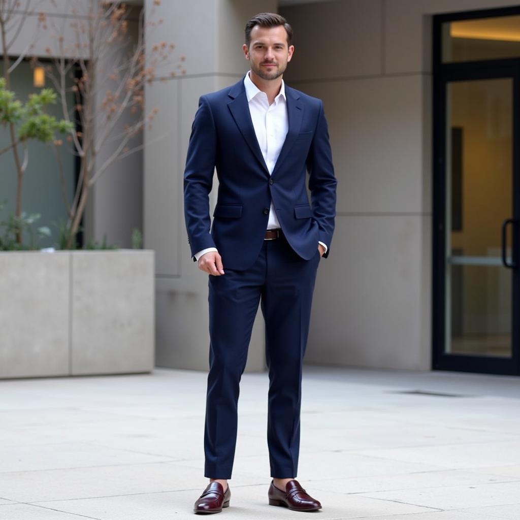 Man in navy suit with burgundy shoes