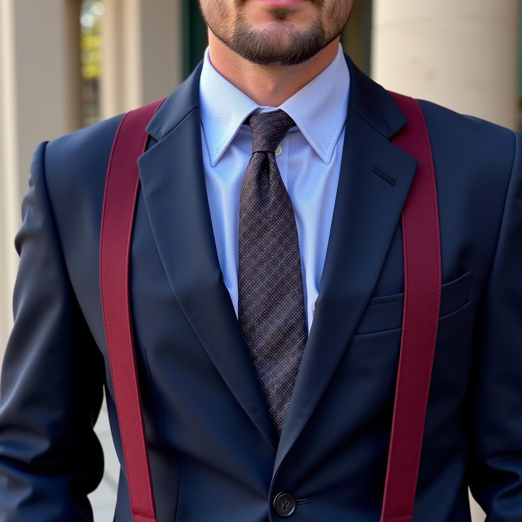 Man in Navy Suit with Burgundy Suspenders