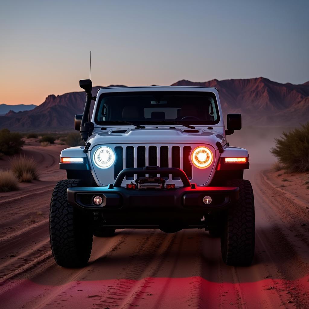 Off-Road Vehicle with Colored Headlights in a Desert Setting