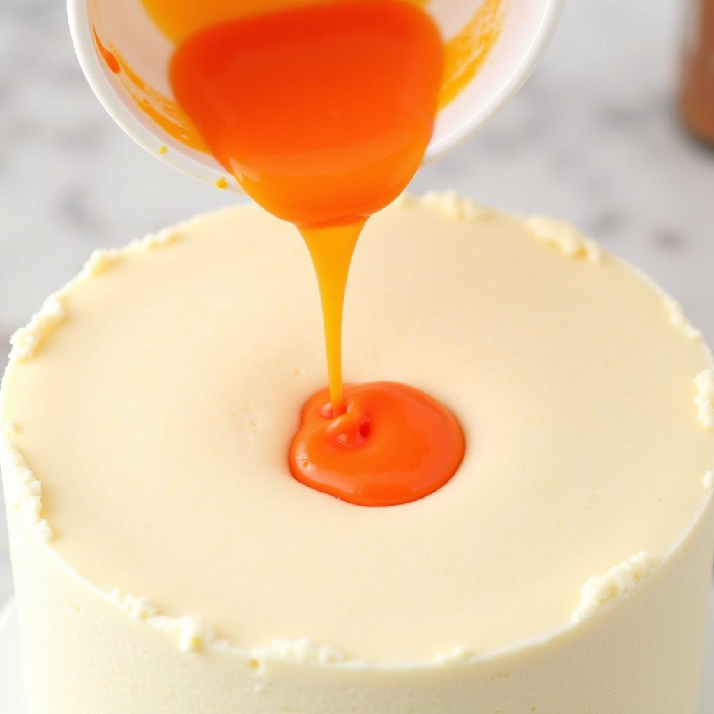 Orange food coloring drops being added to cake batter